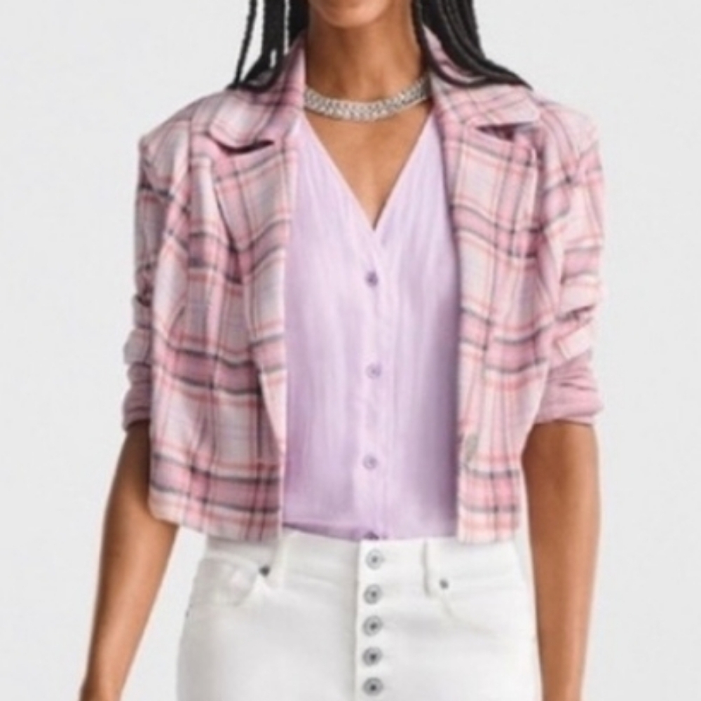 CAbi Pink Plaid Cropped Blazer Jacket